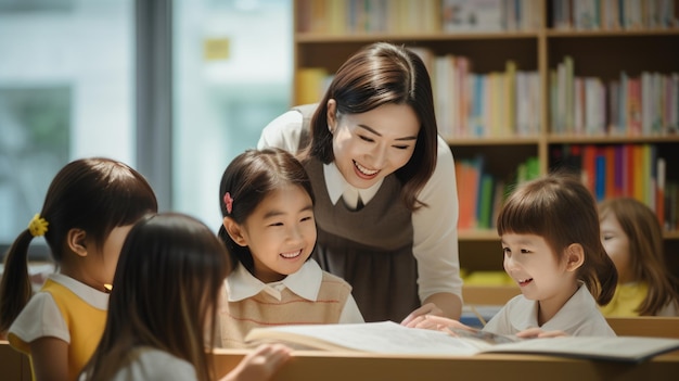 Kindergartenerares die een boek hardop voorleest aan kinderen in een kleuterschoolgroep