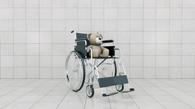 kinderhandicap concept: bruine teddybeer in rolstoel