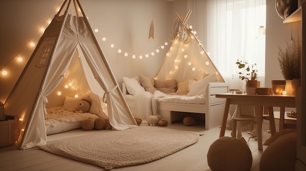 Kinderkamer in lichte kleuren gezellige interne onderdelen van de kinderkamer scandinavisch scandinavisch organiseren met lichte kransen en delicate kussentjes creatieve hulpbron ai gegenereerd