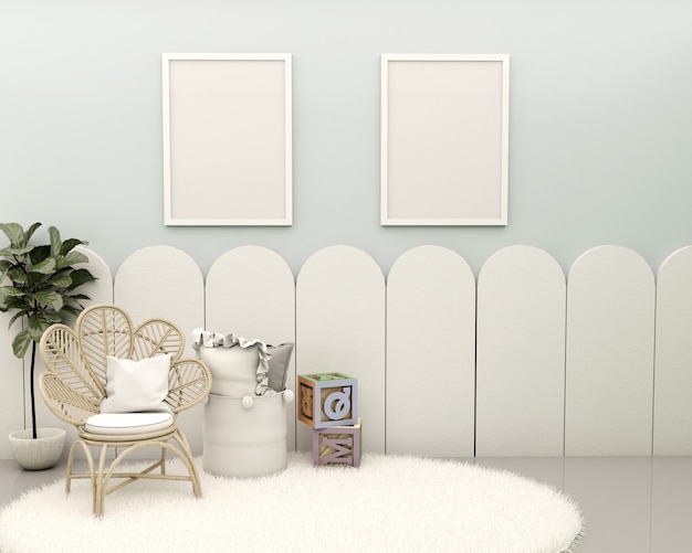 Kinderkamer met blauwe muur wit paneel witte planken speelgoed bamboe fauteuil planten kussen mand en tapijt