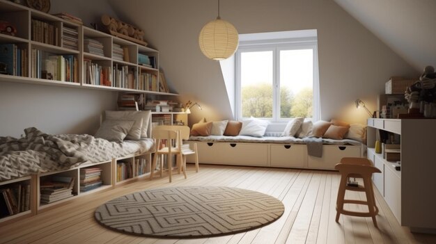 Kinderkamer met Scandinavische invloed in een minimalistische benadering die door AI is gegenereerd