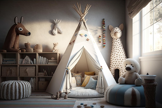 Kinderkamer met tipi als middelpunt omringd door knuffels en boeken gemaakt met generatieve AI