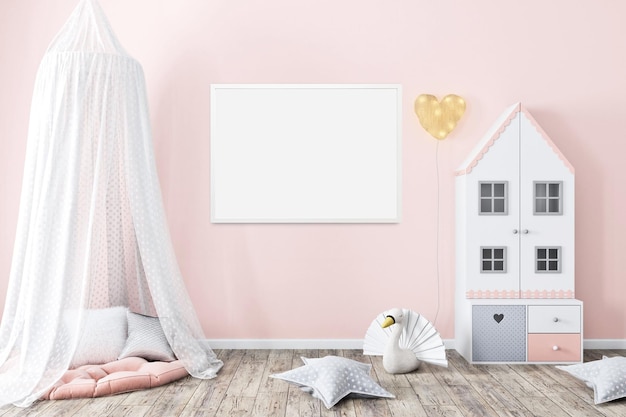 Kinderkamer mockup wit frame op roze muur