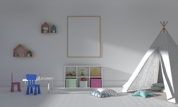 Kinderkamer, speelhuis, kindermeubilair met speelgoed en frame-mockup