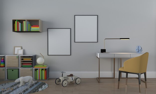 Kinderkamer, speelhuis, kindermeubilair met speelgoed en mockup met twee frames