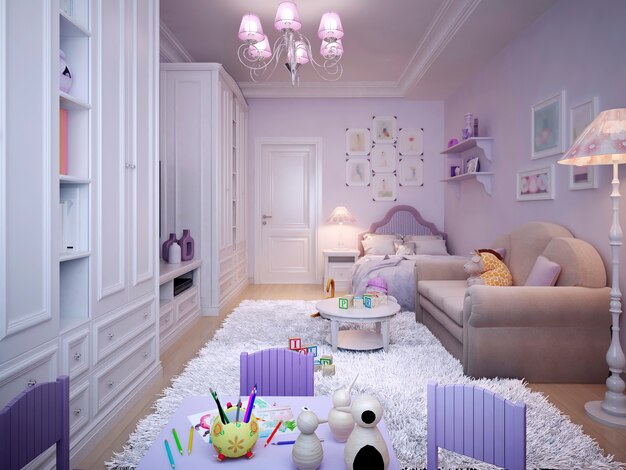 Kinderkamer voor een meisje in een klassieke stijl in roze