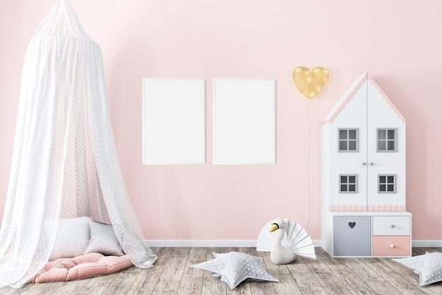 Kinderkamermodel twee witte frames op roze muur