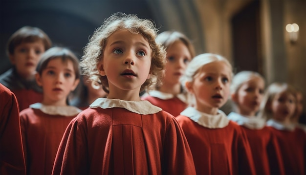 Foto kinderkoor zingt in de kerk in traditionele koorkleding kinderen zingen in de katholieke kerk