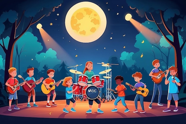 Kindermuziekband speelt op het podium op een openluchtfestival vectorillustratie