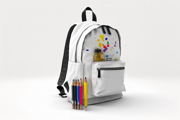 Kinderrugzak met kleurrijk ontwerp op een witte achtergrond Studio opname
