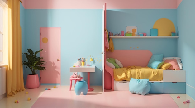 Foto kinderslaapkamer in pastelkleuren met natuurlijke verlichting