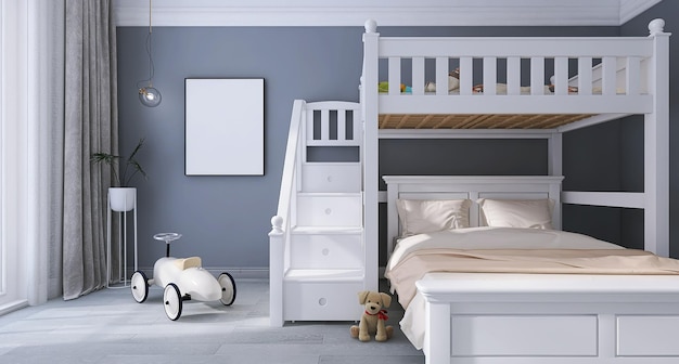 Kinderslaapkamer interieur met stapelbed fotolijst mockup speelgoed minimalistische design gordijnen