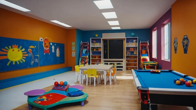 Kinderspeelzaal met verschillende speelgoed en meubels boven uitzicht Gezellig kleuterschool interieur