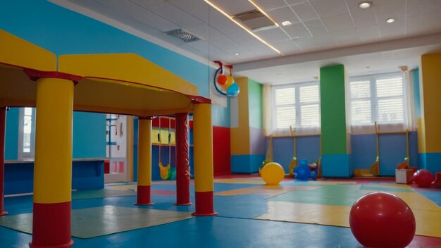 Kinderspeelzaal met verschillende speelgoed en meubels Gezellig interieur van de kleuterschool