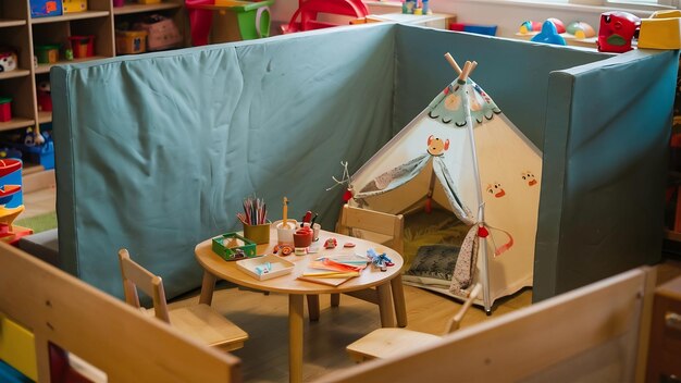 Foto kinderspelletje met tent en tafel achter de blauwe muur