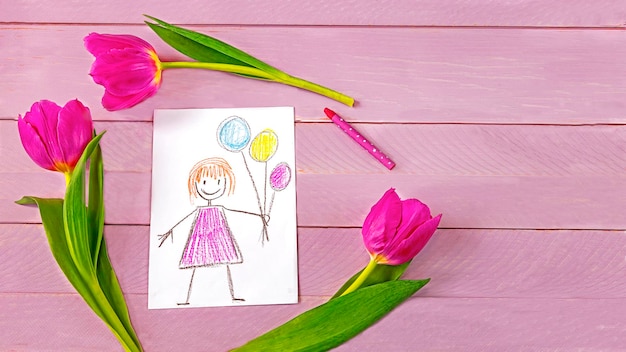Kindertekening van Moederdag groeten paarse tulp bloemen en potlood