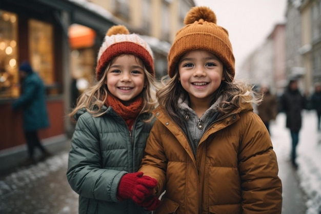 Kindertijd seizoen en mensen concept gelukkige kleine jongen en meisje in winterkleding plezier hebben