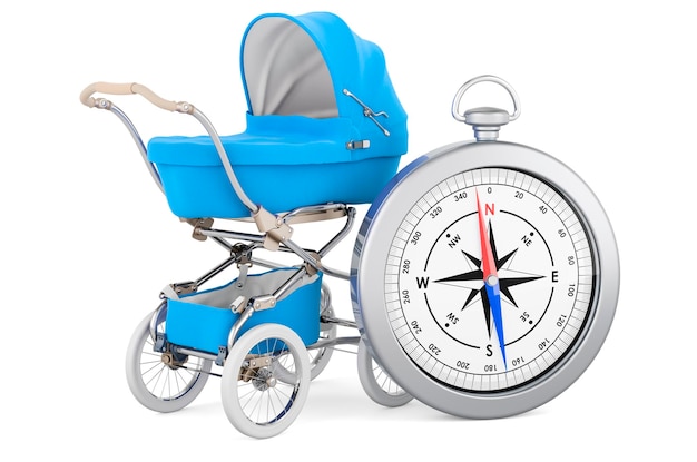 Kinderwagen met kompas 3D-rendering