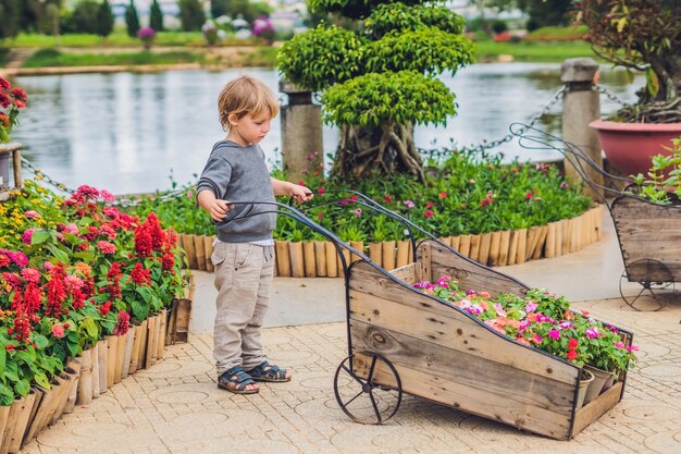 Kinderwagen met wielen in de tuin