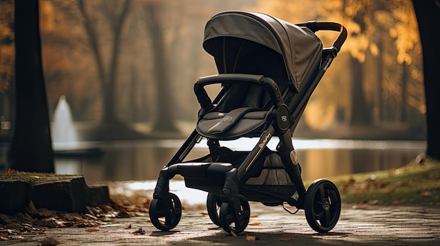 Kinderwagen rust op het trottoir naast de Serene Waterway Baby-items