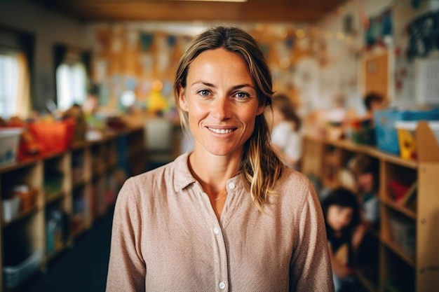 A kindhearted daycare teacher is depicted radiating warmth and compassion Her nurturing smile and gentle demeanor create a welcoming environment where young minds can thrive and blossom Generative AI