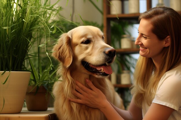 Kindhearted housewife with a warm smile petting her adorable dog in their cozy home