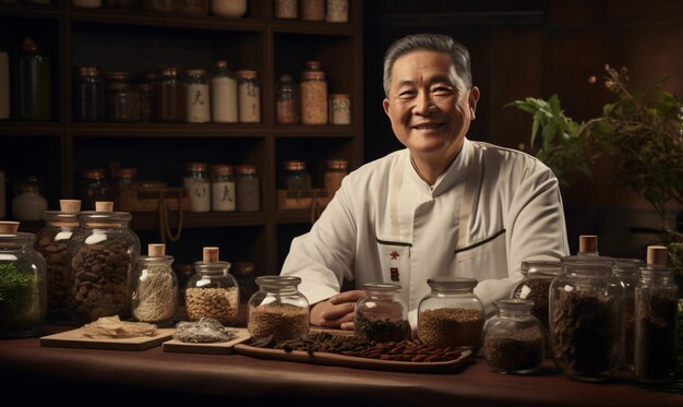 A kindhearted Veteran TCM doctor A variety of Chinese medicine materials were laid out on a table