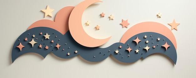 Foto kindillustratie van de nachtelijke hemel uit papieren sterren en de maan in pastelkleuren generative ai