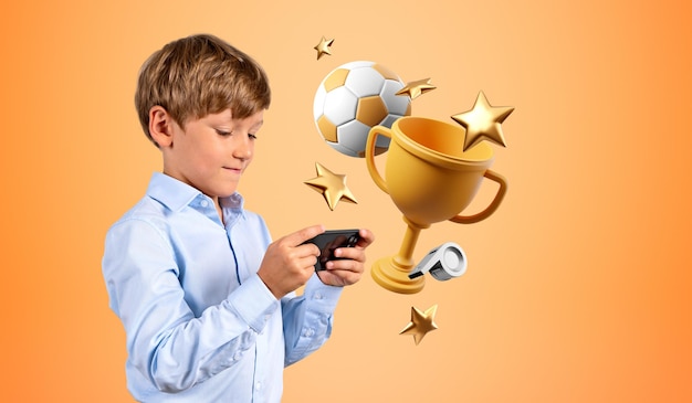 Kindjongen die smartphone kampioensbeker en online games speelt