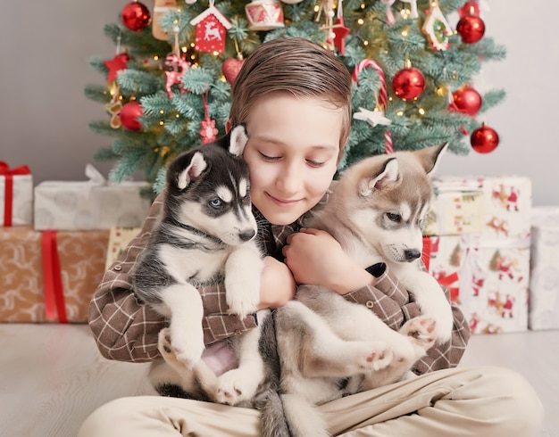 Kindjongen met honden schor puppy en Kerstboom.