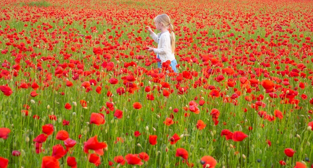 Kindmeisje in een veld met rode papavers geniet van de natuur, dochtertje in de lentebloem van het papaverveld