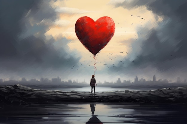 Kindsilhouet met grote hartvormige ballon in fantasielandschap Eenzame jongen droomt