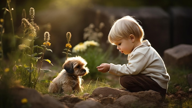 Foto kindvriendschap met zijn hond gouden avond zon heldere bloemen