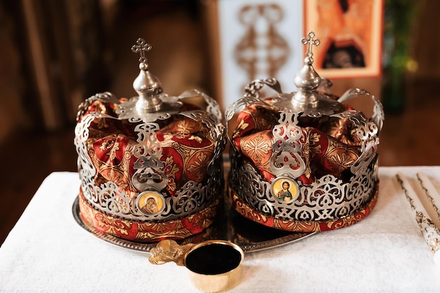 KINESHMA RUSSIA JUNE 12 2020 Crowns for an Orthodox wedding ceremony in church