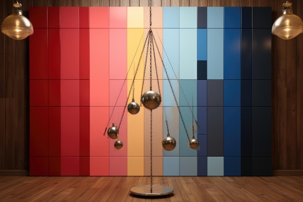 Kinetic sculpture with balls in front of multicolor wall Gender spectrum perspective in modern nonbinary world Generative AI