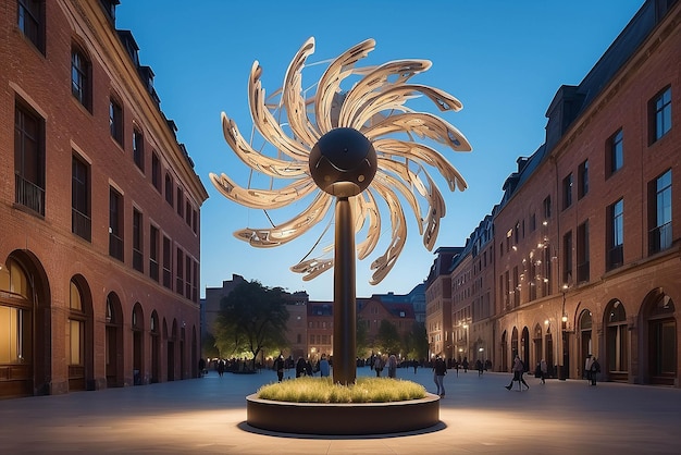 Kinetic windpowered art in an openair space with responsive lighting and sound effects mockup