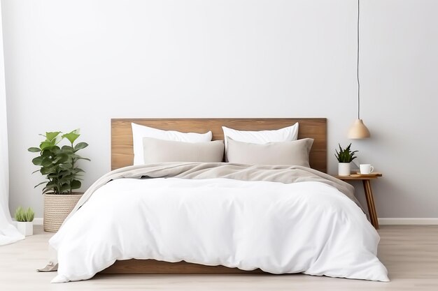 Photo king bed with white linens and pillows interior of light bedroom