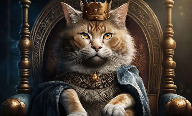 King cat in golden crown sits on royal throne Generative AI illustration