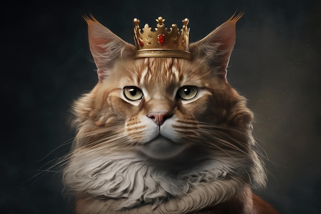 어두운 배경에 왕관을 쓴 고양이의 왕