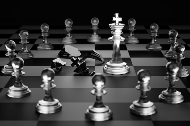 King of clear white chess has made checkmate king of black chess. Concept of the strategic planning for victory in the competition. 3D render.