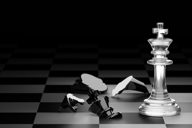 King of clear white chess has made checkmate king of black chess in dark black background. 3D render.