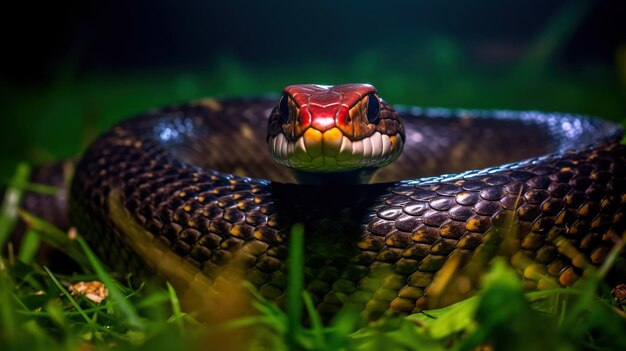 Foto cobra re sull'erba bellissimo serpente con occhi arancione ad alto contrasto