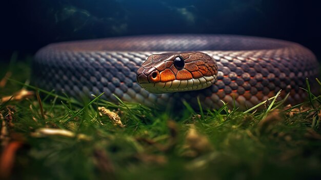 Foto cobra re sull'erba bellissimo serpente con occhi arancione ad alto contrasto