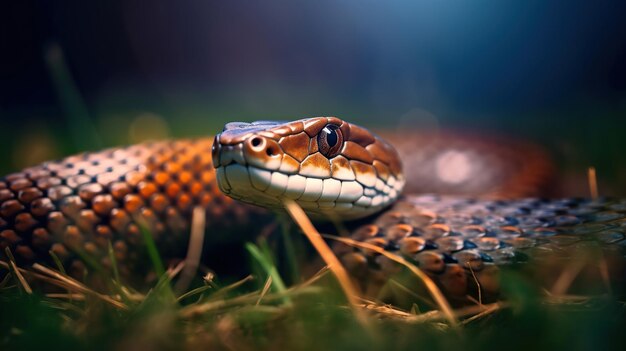 Foto re cobra sull'erba bellissimo serpente con gli occhi arancione