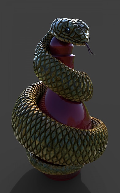 King Cobra snake wrapping around a red chess piece on dark grey background, Close up shot