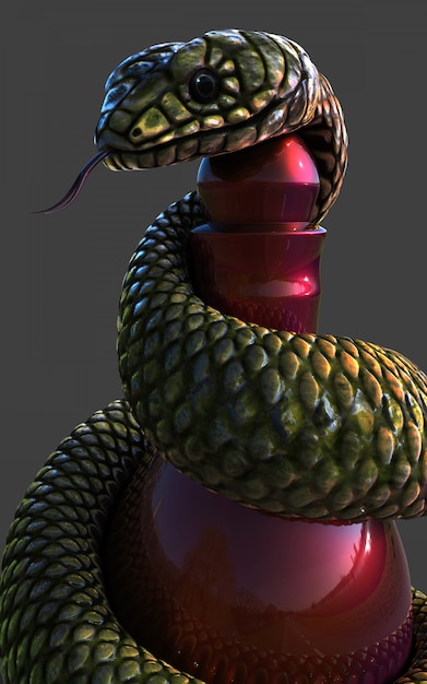 King Cobra snake wrapping around a red chess piece on dark grey background, Close up shot