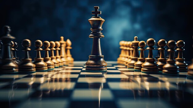 a King engaged in a chess battle standing on a chessboard against a black isolated background This image symbolizes a business leader's strategic prowess in conquering the target market