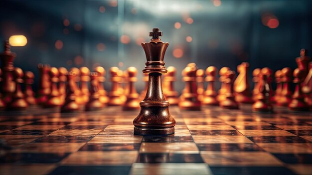 a King engaged in a chess battle standing on a chessboard against a black isolated background This image symbolizes a business leader's strategic prowess in conquering the target market