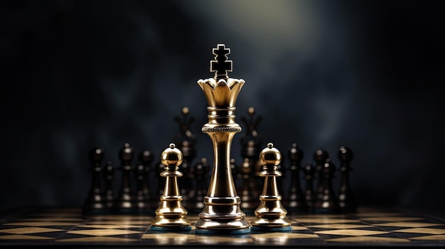 a King engaged in a chess battle standing on a chessboard against a black isolated background This image symbolizes a business leader's strategic prowess in conquering the target market