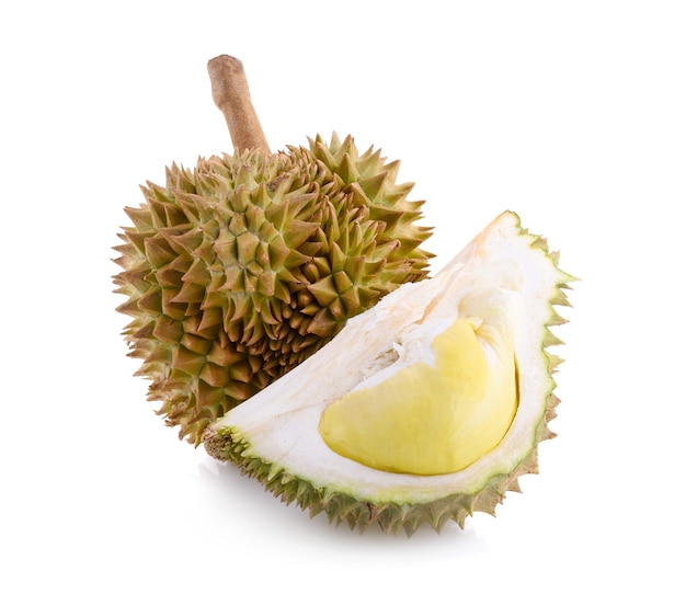 Re dei frutti, durian isolato su bianco